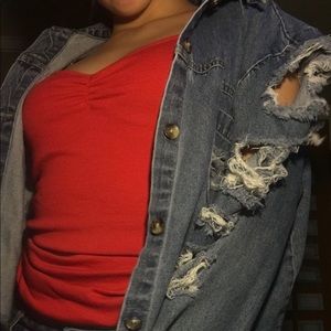 Distressed cropped denim jacket